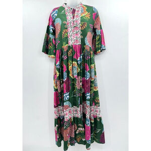 Mod's Mahal Boho Floral Tiered Maxi Dress Size XS Green Multi Tropical Resort